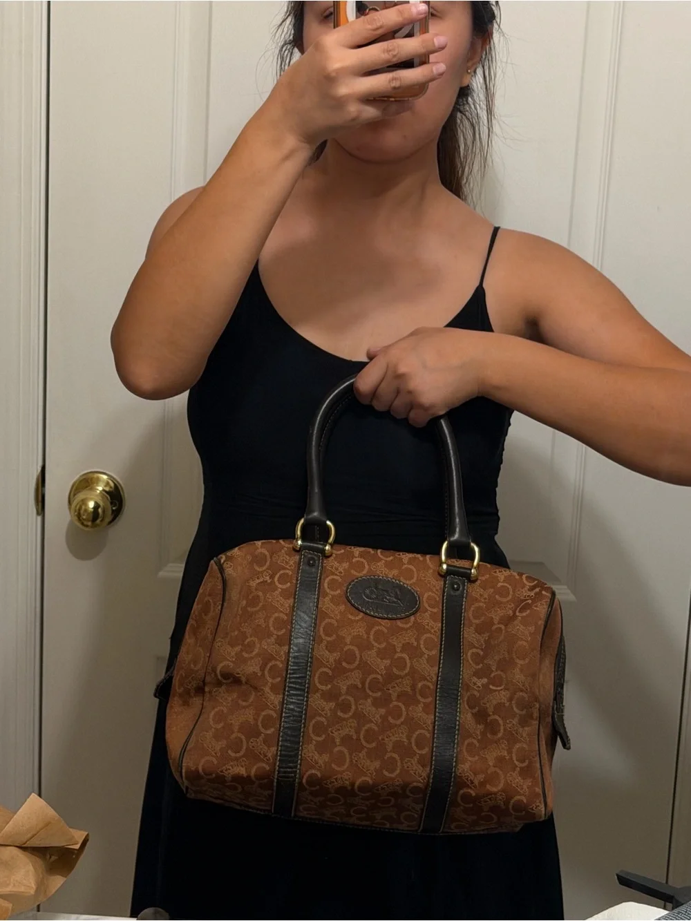 Vintage Celine C Macadam Cognac Brown Boston Bag Monogram Canvas